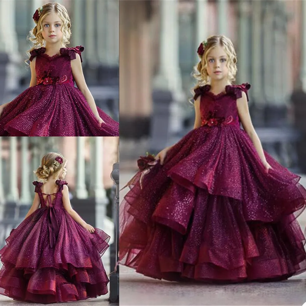 Lovely Ball Gown Flower Girls Dresses Lace Appliques Kids Formal Wear Backless 3D Flowers Birthday Party Toddler Girls Pageant Gowns Custom