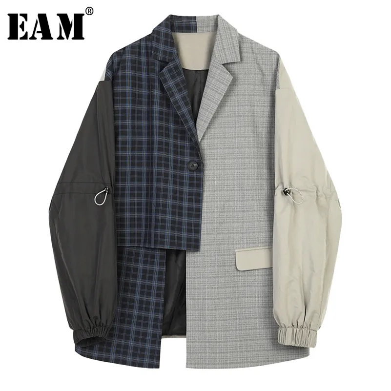 [EAM] Femmes Bleu Plaid Asymétrique Grande Taille Blazer Nouveau Revers À Manches Longues Lâche Fit Veste De Mode Printemps Automne LJ200815