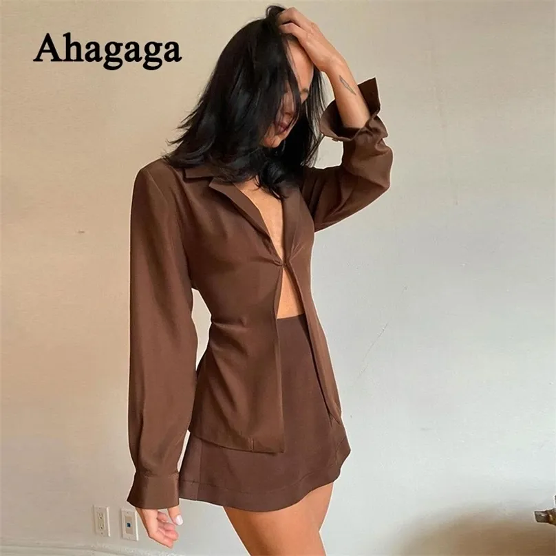 Ahagaga Herfst Wrap Hip Mini Rok + Blazer Suits Dames Mode 2 Stuks Lange Mouw Satijnen Casual Office Vrouwelijke Set Kostuum 220302