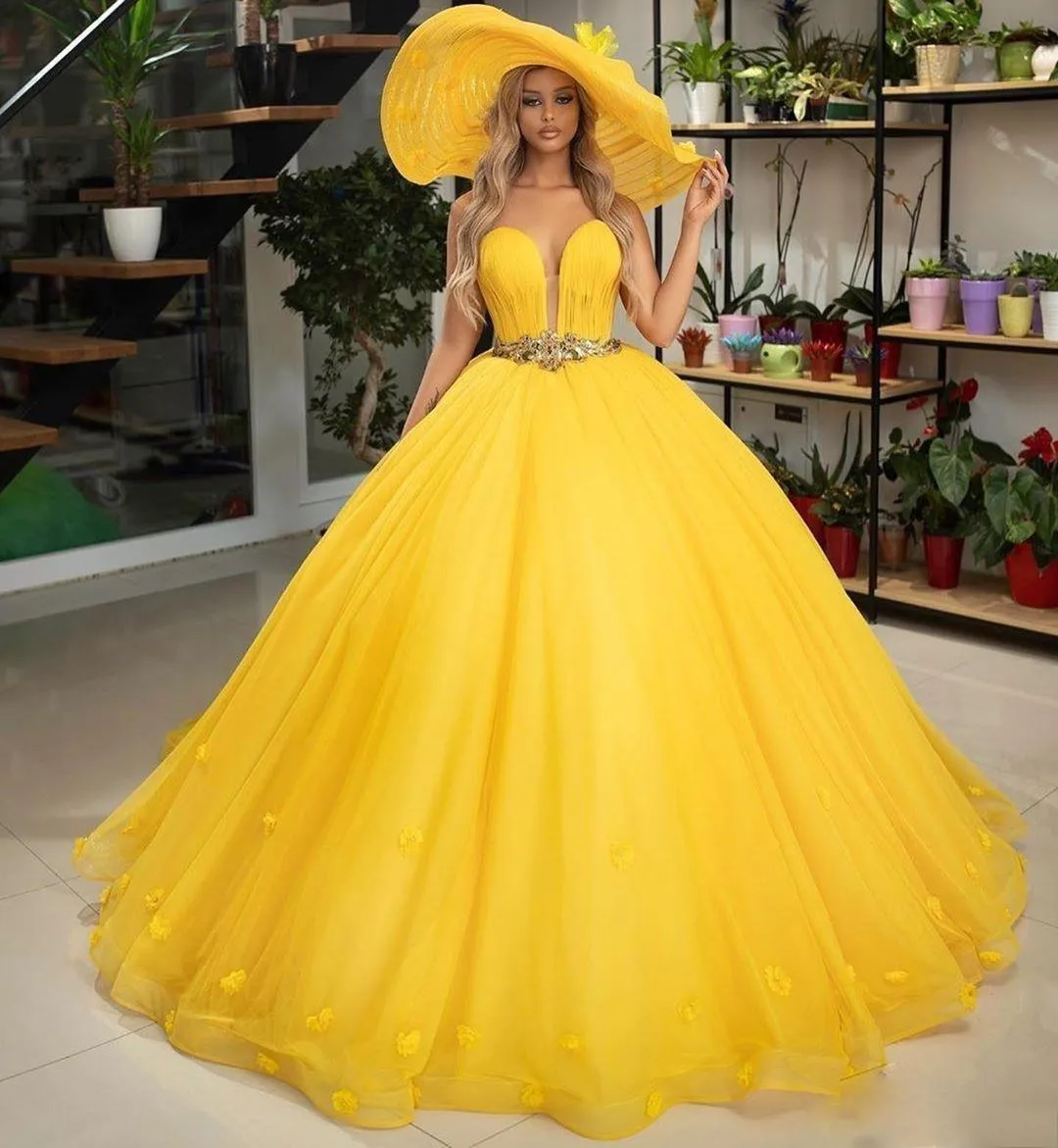 Vestido de fiesta amarillo Vestidos de quinceañera con cristales de faja  Vestido de graduación de novia Apliques de tul Vestidos de fiesta Vestido  de