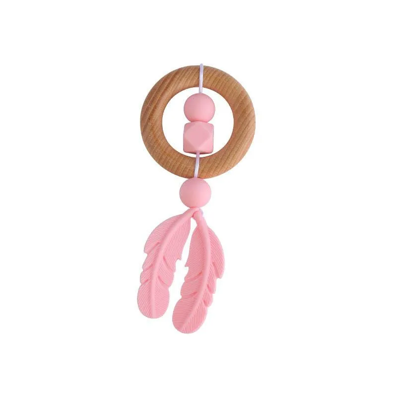 New DIY feather Baby Teether Rings Wooden Bead Newborn Silicone teethers Baby Chew Toys Wood Teething silicone Infant Teethers