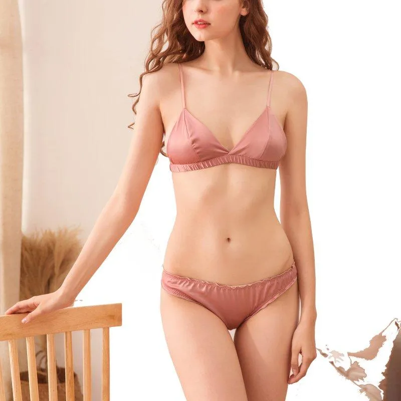 Women Sexy Unlined Triangle Cup Bra+Panties Set Small Chest Bralette Bikini  Smooth Satin Lingerie No Steel Ring Briefs Underwear From Hoeasy, $22.85