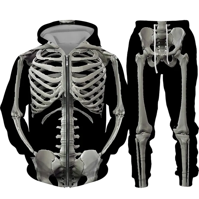 Trajes de Halloween Esqueleto Hip Hop Com Capuz Suéter Homens / Mulheres 3D Imprimir Jaqueta Streetwear Pullovers 2PC Sets 211220