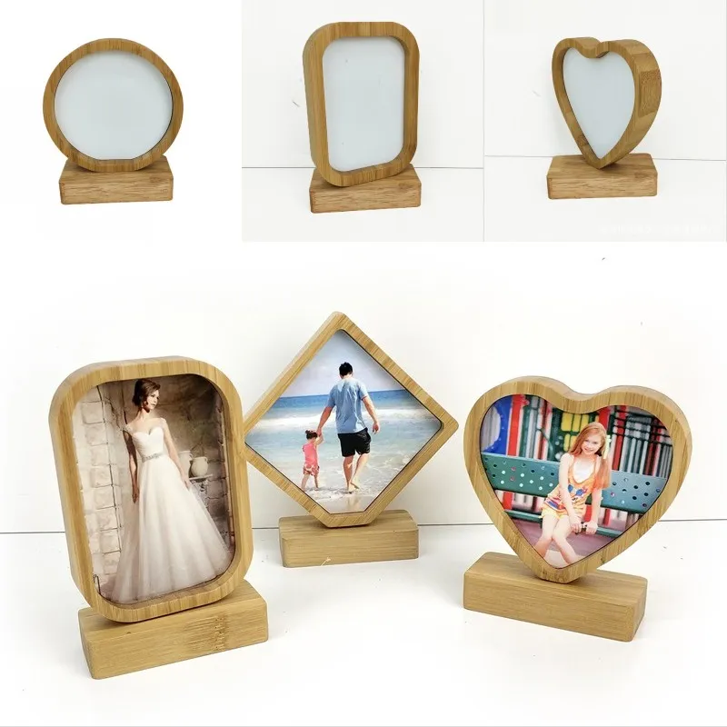 Bamboos Sublimation Blank Photo Frame With Base DIY Double Sided Wood Love Heart Round Frames Magnetism Picture Painting Decoration 13bd G2