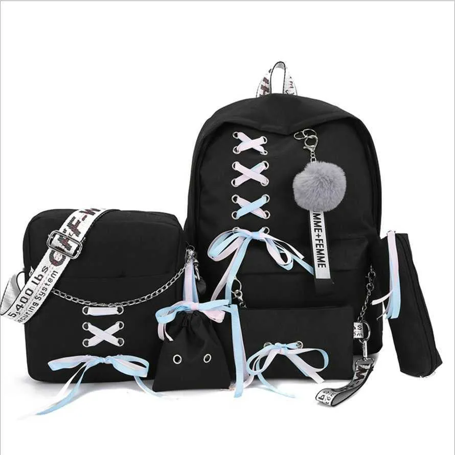 5 шт. / Установите ленты-цепь студентов рюкзак путешествия Bagpack подросток девушки ноутбук школьные сумки Оксфорд Bookbag Mochila Feminina X0529