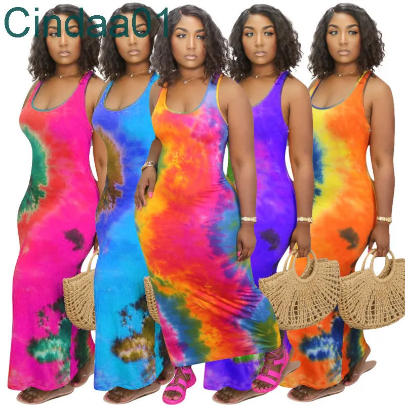 Dames Lange Jurk Designer Effen Kleur Tie Dye Korte Mouw Casual Bodysuit Rok Sexy U Neck Big Swing Gedrukt Mouwloze Maxi Jurken