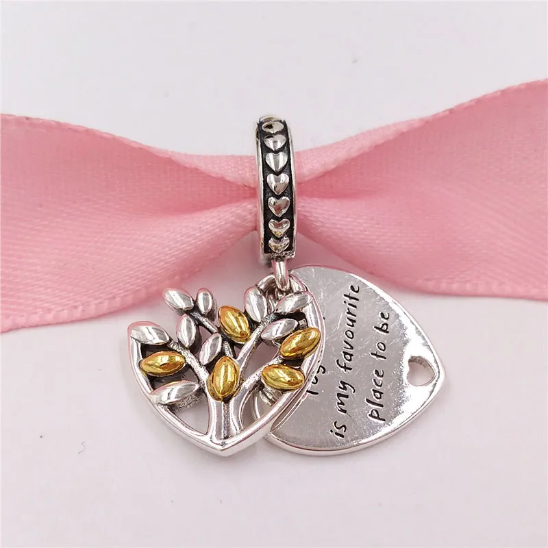 Auténtica plata de ley 925 Pandora Two-Tone Family Tree Heart 14K Gold Dangle Charm Charms Se adapta al estilo Pandora europeo Pulseras de joyería Collar 799161C00