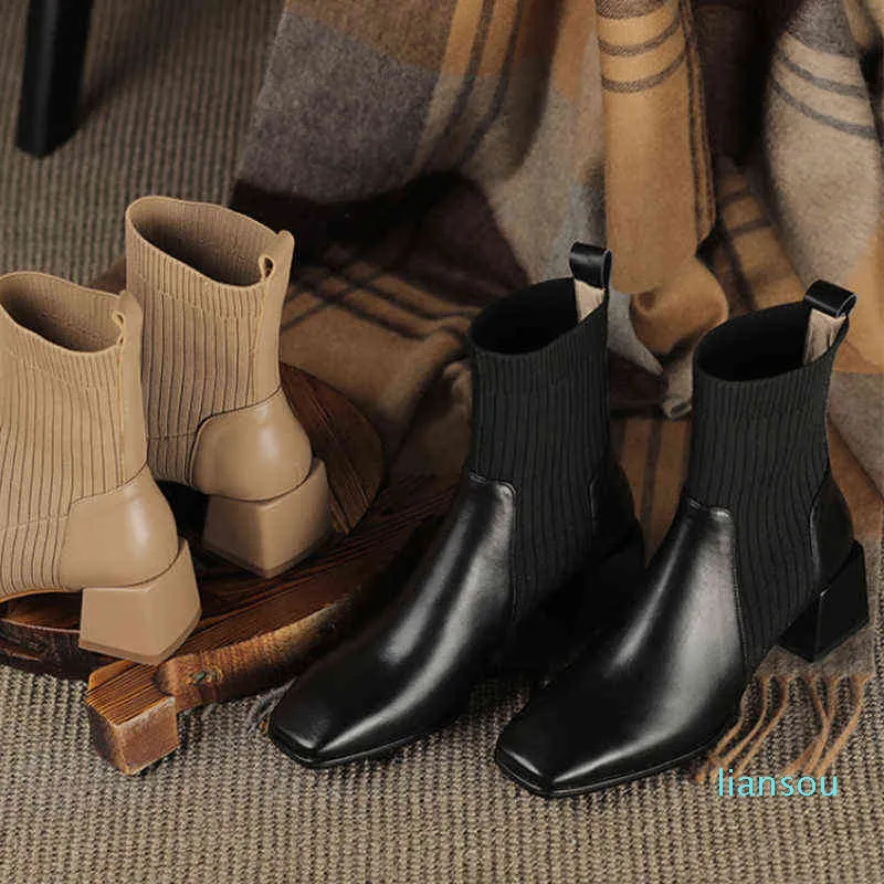 Stiefel für Herbst und Winter, Martin-Stiefel, dicker mittelhoher Absatz, quadratische Zehen, kurze Damen-Stricksocken, elastische Martin-Schuhe