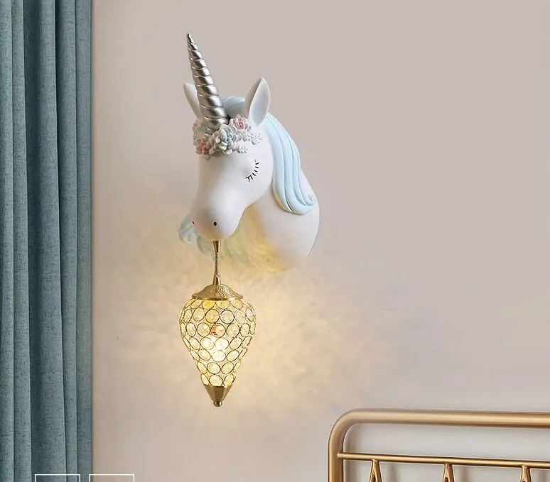 Desenhos animados miúdos bebê parede pendurado luz levou resina unicorn lâmpada ac220v azul lâmpada de parede rosa para princesa menina decoração quarto