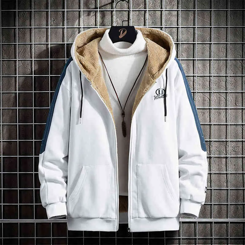 Men Autumn Winter Hoodie Jacket Fur Lined Thick Zipper Hoodie Sweatshirt Casual Sports Coat Hooded Korean Fashion White Hoodie 211217