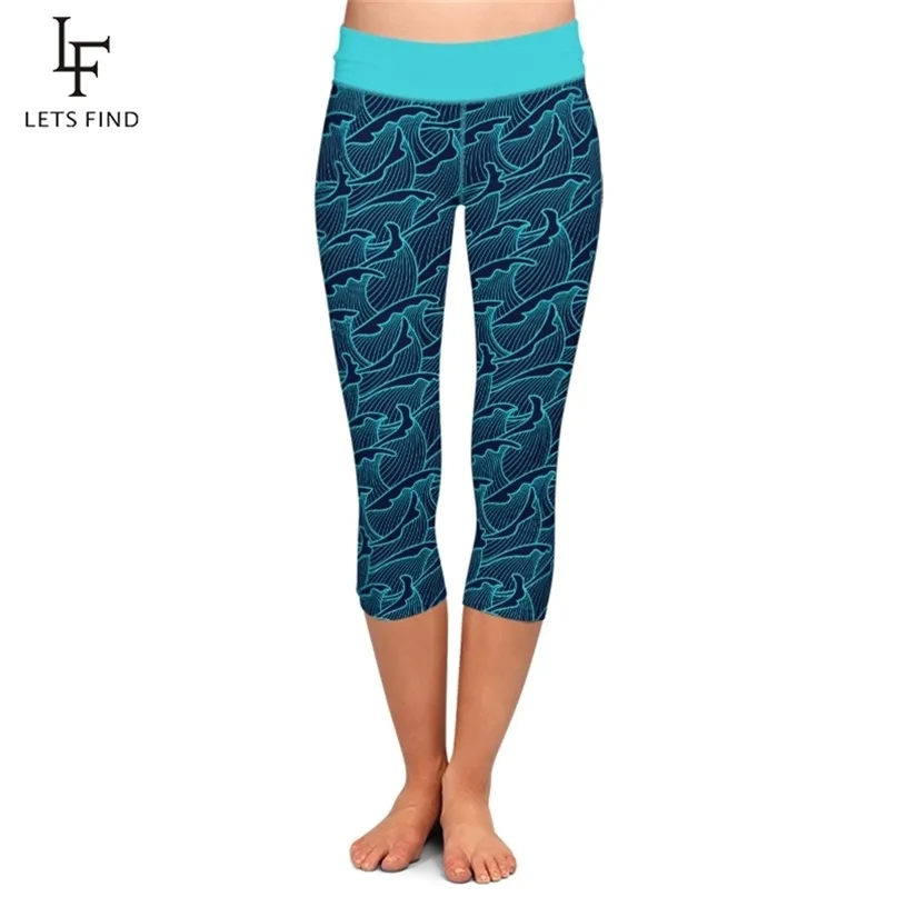 LETSFIND Moda Sea Wave Impresión digital Cintura alta Elasticidad Tallas grandes Leggings Fitness Legging para mujeres 211204