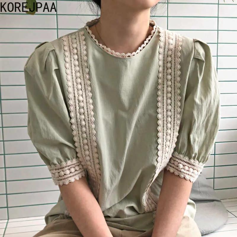 Korejpaa frauen hemd sommer koreanische schicke retro stehkragen nähen schwere spitze hohle design lose hauchhülse blusen 210526