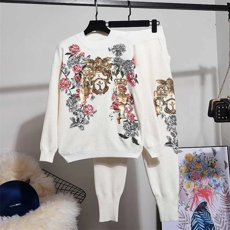 Autumn Winter Tops Women Korean Fashion Sequin Embroidery Flower Loose Knitted Sweater + Harem Pants Two Piece Set Ladies 211105