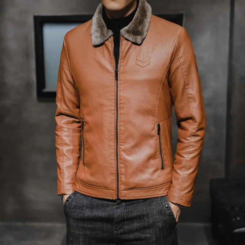 두꺼운 가죽 자켓 남성 겨울 가을 망 재킷 패션 가짜 모피 칼라 windproof 따뜻한 코트 남성 브랜드 의류 My156