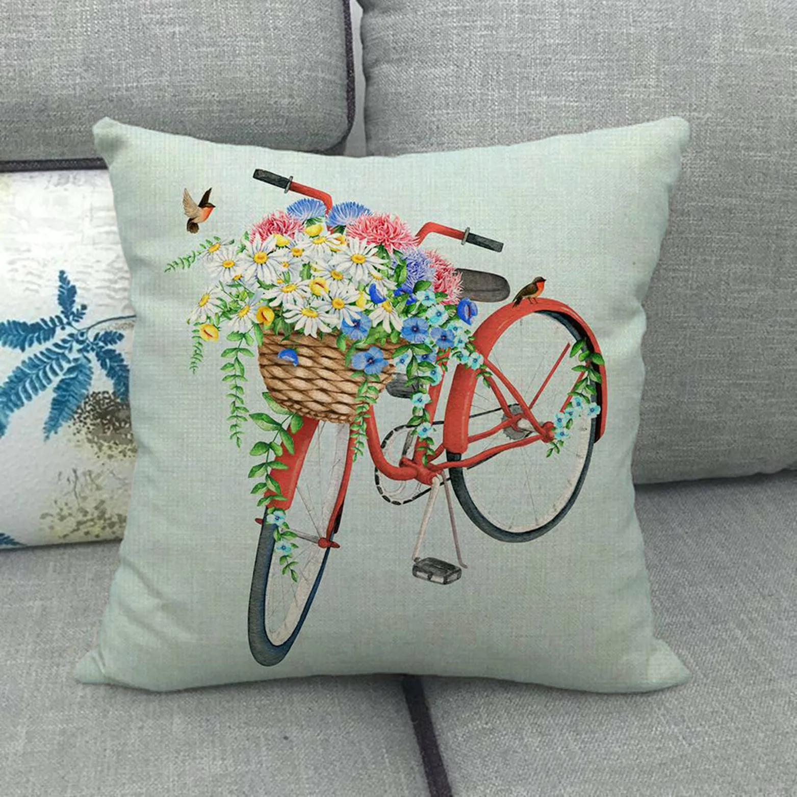  Funda de cojín decorativa para sillón de bicicleta de color  azul acuarela artístico con flores en actividad, otoño, hermoso ramo de  bicicleta, funda de cojín suave para sofá o dormitorio, 18.0