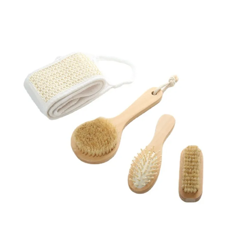 Brosse de bain en poils de bois naturel, brosses de nettoyage de Massage Spa, ensemble de brosses à dos frotté avec boîte en papier artisanal