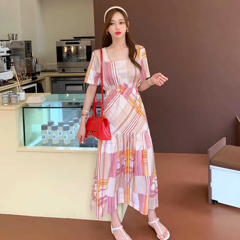 Летний корейский хит цветное платье для пледа для женщин с коротким рукавом MIDI платья женская мода элегантная одежда 210529
