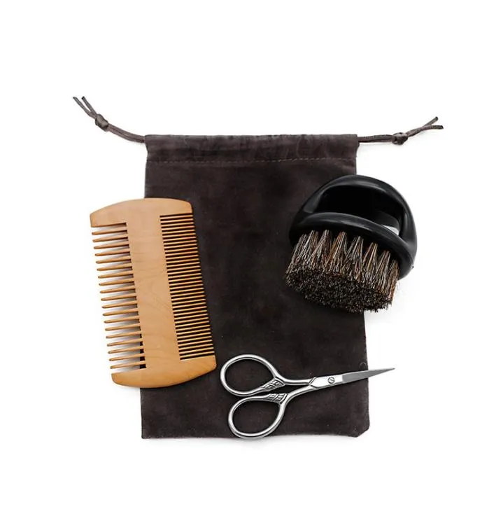 3pcs Wooden Beard Comb And Natural Bristles Brush With Scissors Set For Men