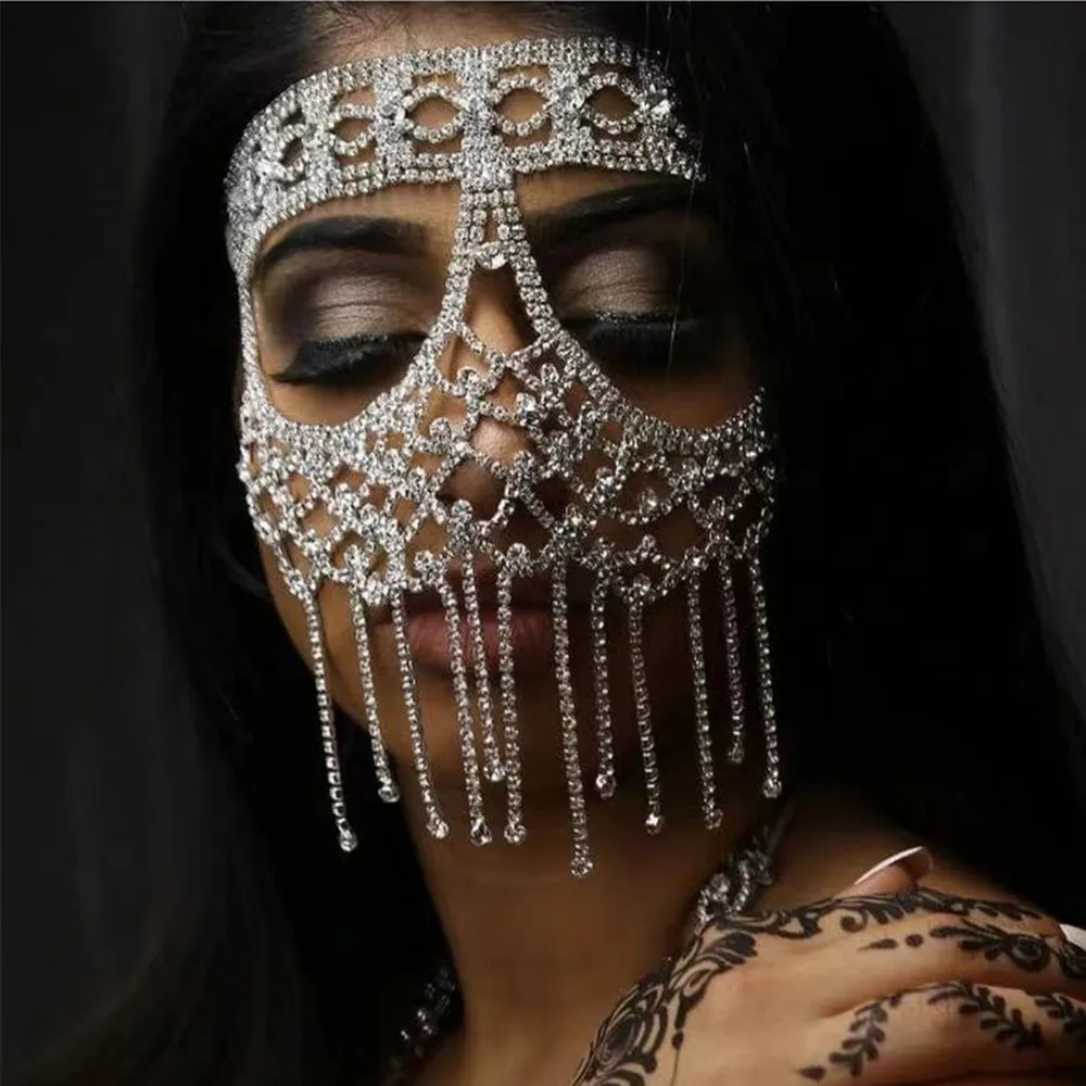 El yapımı Rhinestone Püskül Zincir Masquerade Maske Takı Kadınlar Için Lüks Kristal Kafa Dekor Kapak Yüz Aksesuarları