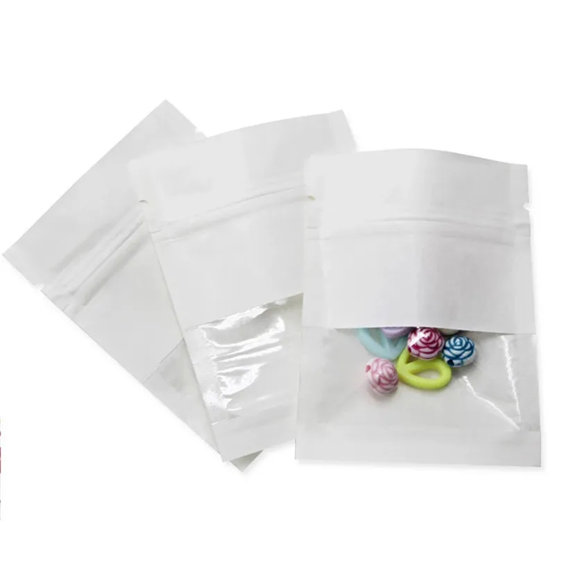 Paquet de 100 sacs refermables en papier kraft blanc avec fenêtre transparente, pochette hermétique thermoscellée pour fermeture éclair de stockage des aliments, emballage de café et de collations