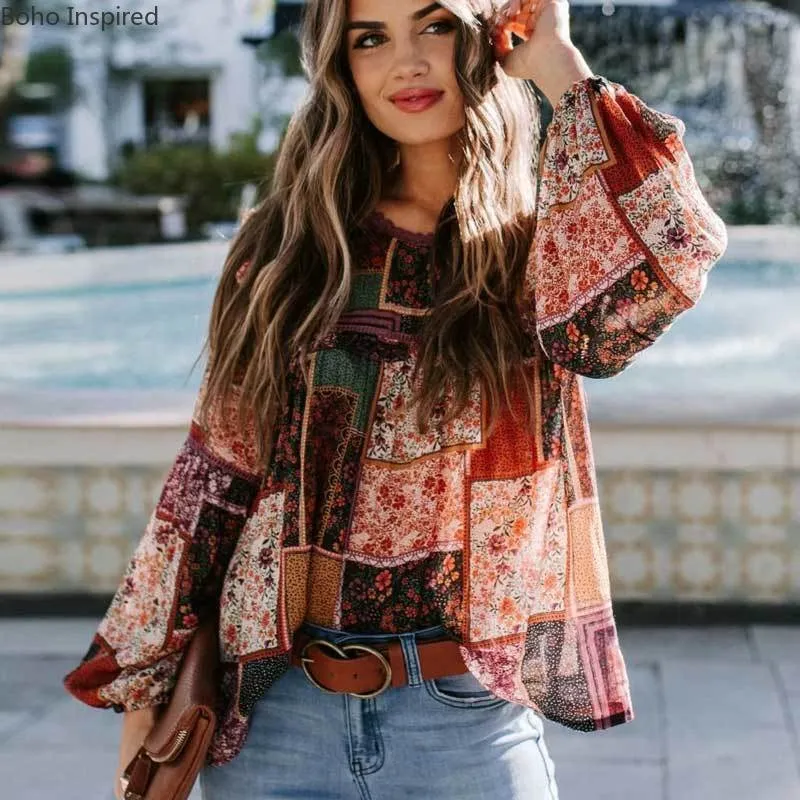 BOHO INSPIRED Floral Quilted Patchwork Top Long Sleeve Boho Print