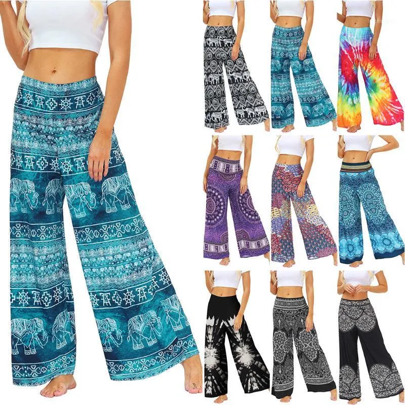 Yoga Outfit Womens Boho Gypsy Casual Loose Largura Perna Hippie Calças Palazzo Baggy Calças Longas Senhoras Verão Vestuário de Vestuário de Desgaste Ativo