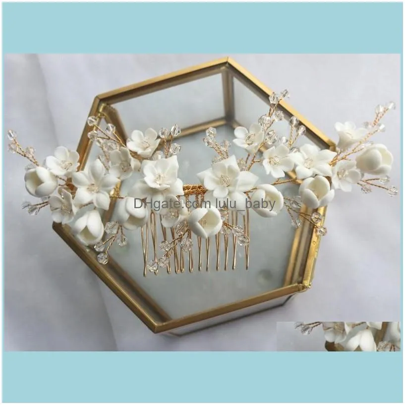 White Ceramic Flower Hair Comb Bridal Crown Pearls Jewelry Handmade Wedding Headpiece Fashion Women Hairpiece