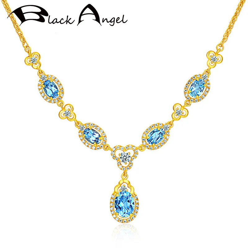 Black Angel Shiny 18K Gold Luxury Blue Topaz Gemstone Water Drop Ruby Emerald Hanger Bruiloft Ketting voor Dames Sieraden Gift Q0531