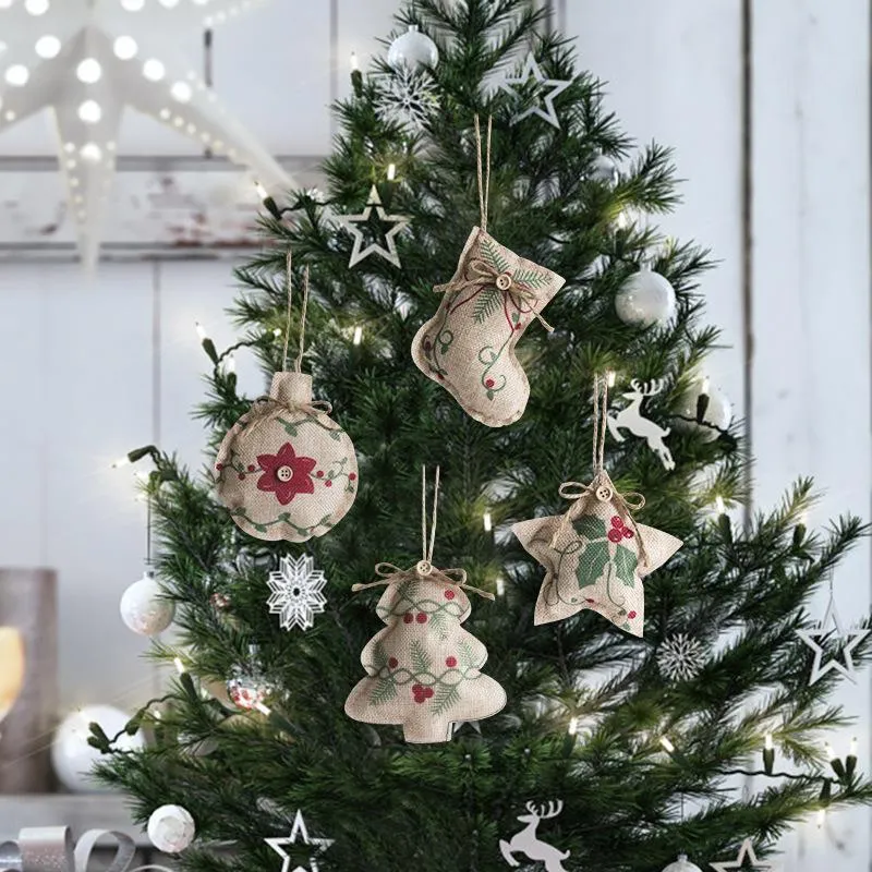 Christmas Linen Pendant Tree Printed Small Strap Ornament-Five-pointed Star Socks Ball Mall Decoration Cloth Embellishment Exquisite ZJTL0167