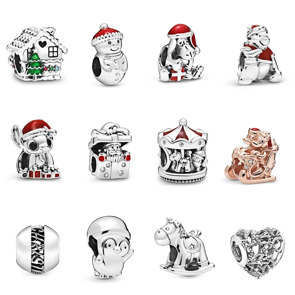 2019 Inverno 925 Sterling Silver My Mouse Pupazzo di neve natalizio e cappello da Babbo Natale Carosello Piccolo pinguino Charm Originale Fai da te Perline Acces Q0531