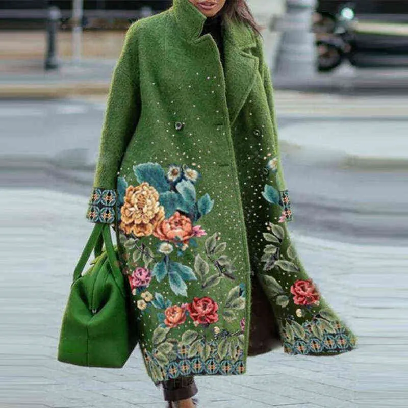 Women s Floral Print Wool Blend Long Cardigan Coat with Pockets Autumn Winter Warm Long Sleeve Jacket