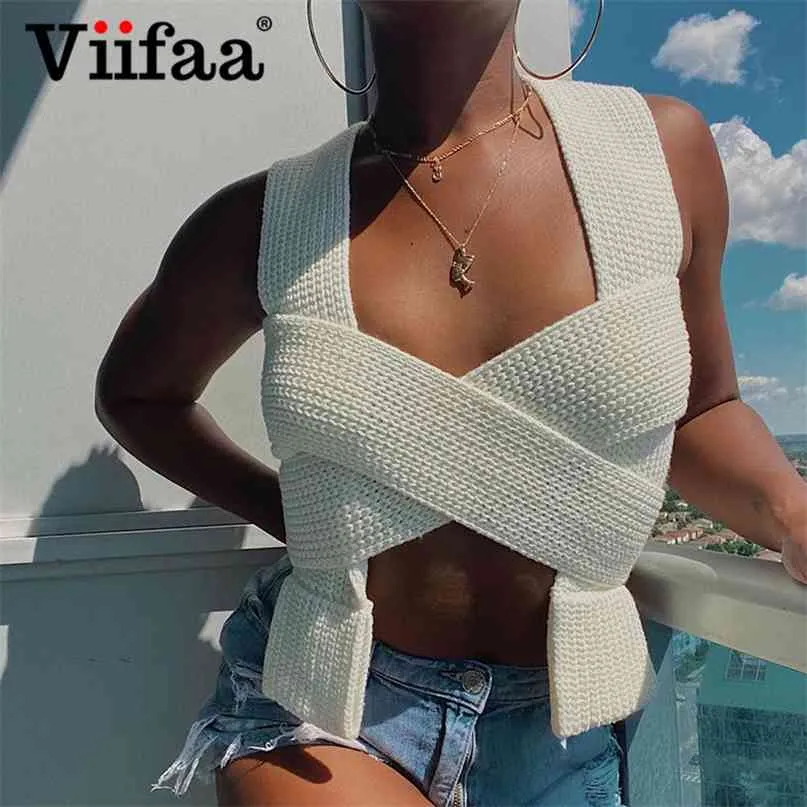 Viifaa Criss Cross Self Tie Punto DIY Suéter Chaleco Sin mangas Mujeres Primavera Streetwear Sexy Chalecos recortados 210915