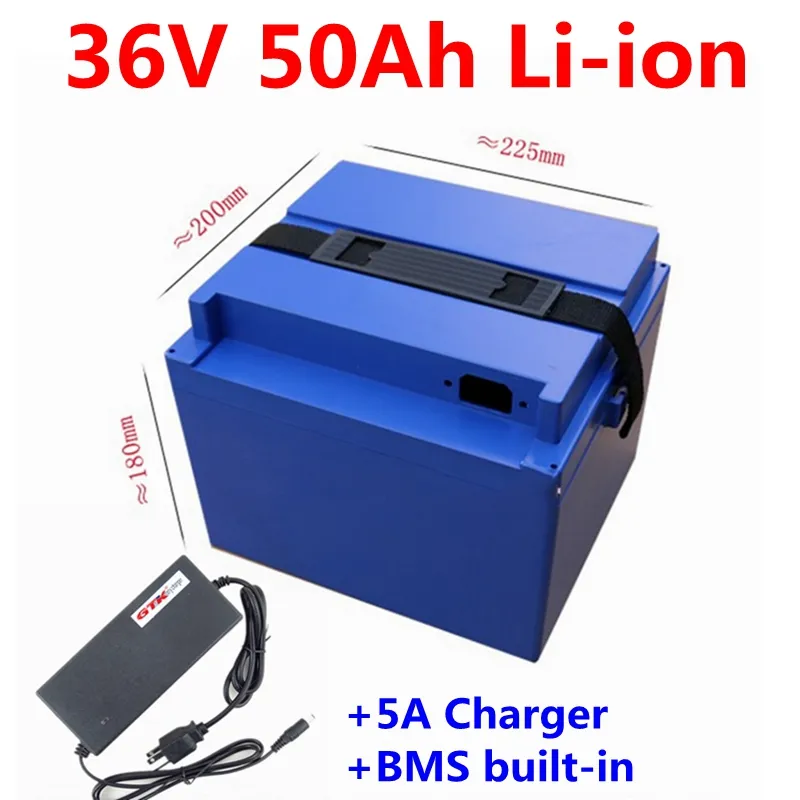 Batteria GTK impermeabile 36v 50ah agli ioni di litio 21700 bms 10S agli ioni di litio per energia solare Energia elettrica E-bike E-scooter + caricabatterie 5A