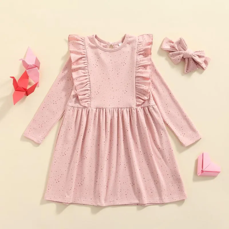 Conjuntos de roupas meninas casuais roupas de duas peças conjunto rosa estrela impressa padrão de manga comprida vestido e cocar