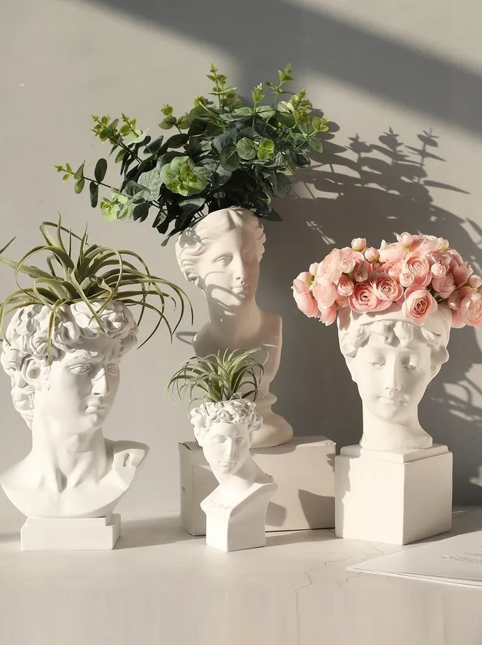 北欧の樹脂の花の花瓶ダビデの頭の創造的なギリシャの彫刻像現代花瓶の家の装飾の結婚式の装飾の植木鉢装飾的な210310