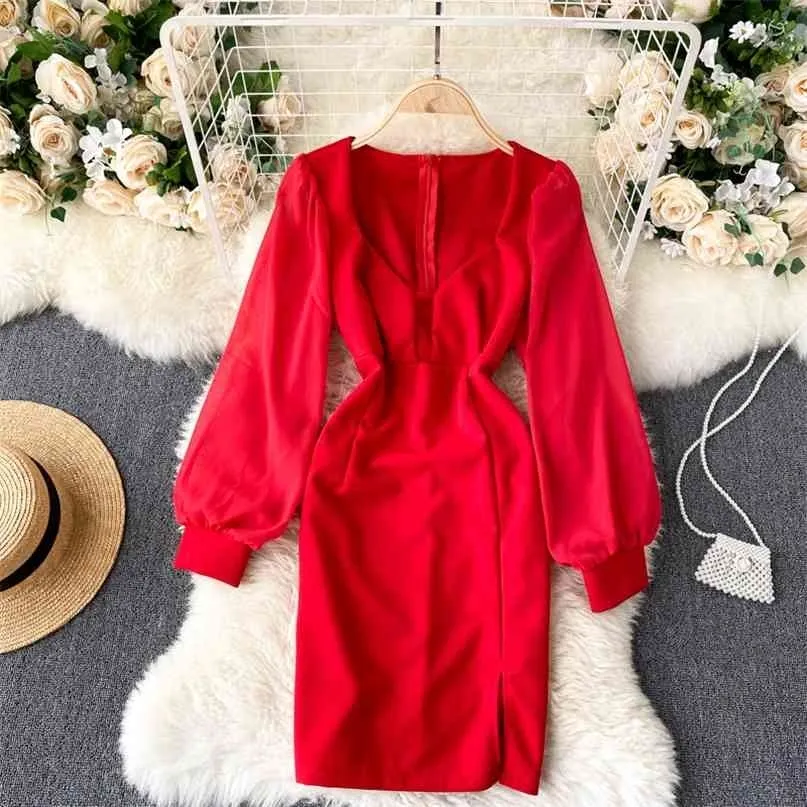 Elegante vestido vintage vestido moda outono longa manga de sopro v-pescoço alta cintura alta mini bodycon senhoras vermelhas 210603