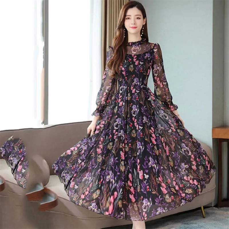 Floral Print Chiffon Kleid Frauen Koreanische Frühling Sommer Lange Maxi Kleid Oansatz Langarm Vintage Party Kleid Plus Größe 3XL a891 X0521