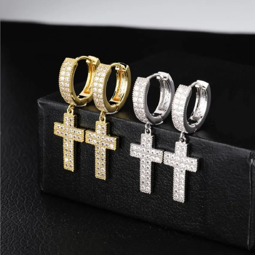 Hip Hop Cross Dangle Earrings Jewelry Gold Silver Fashion Mens Double Row Zircon Earring