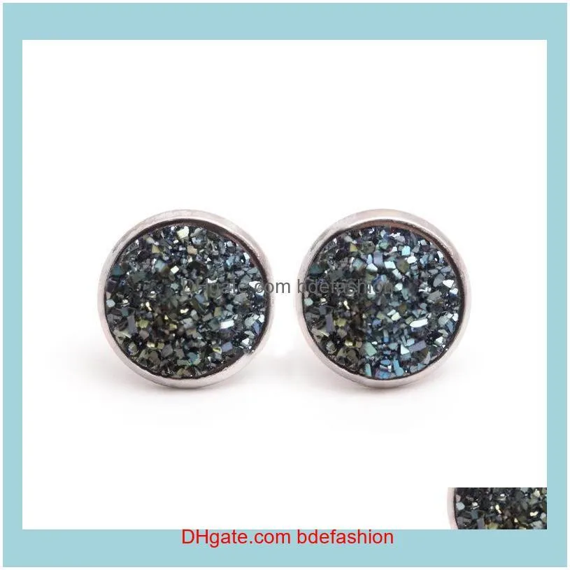 Fashion Drusy Druzy Earrings Silver Plated Popular Round Resin Gemstone Stone Stud Earrings for Women Lady Jewelry