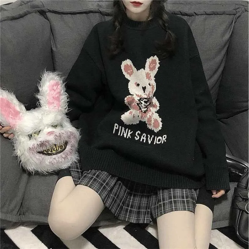 Autunno Inverno Harajuku coniglietto maglione con maniche lavorate a maglia Casual lungo da donna stampato pullover fidanzato allentato punk gotico 211018