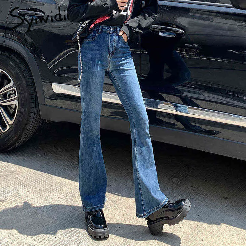 Syiwidii Jeans super elasticizzati con fondo a campana Donna Autunno Skinny a vita alta Blu Nero Vintage Streetwear Denim Pantaloni a zampa d'elefante XS 211129