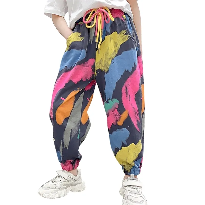 Garotas calças graffiti padrão menina calça estilo casual culottes para crianças primavera outono crianças roupas 6 8 10 12 14 210527
