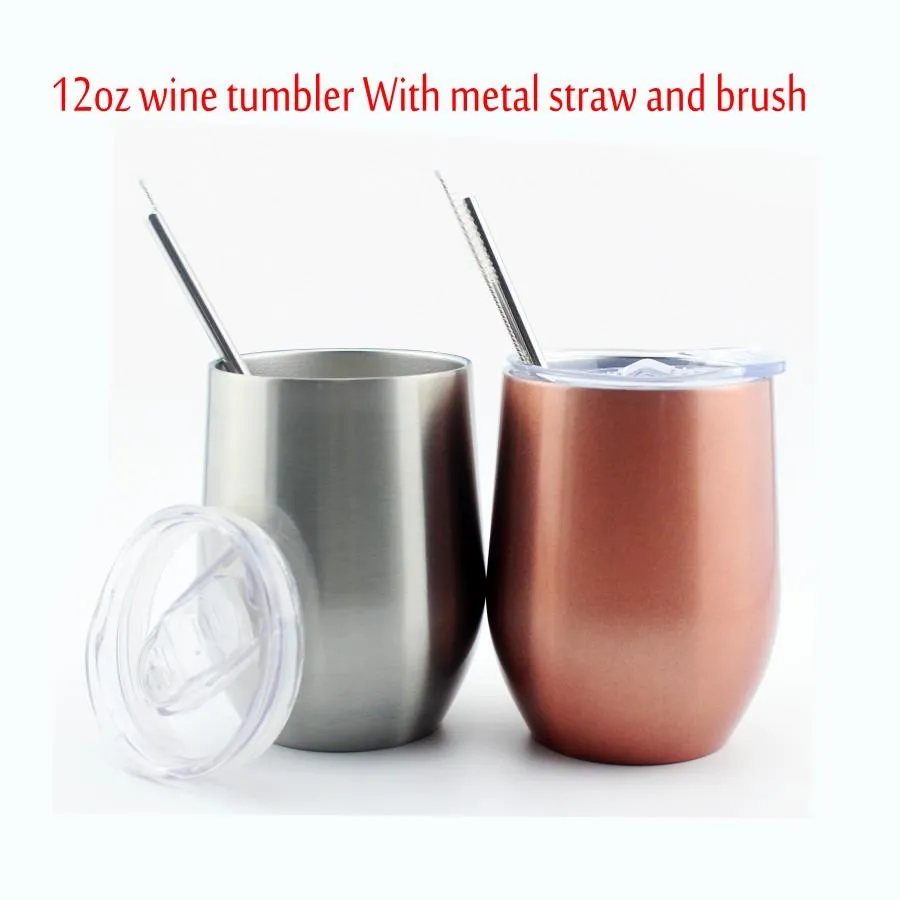 12 oz Stemless Wine Tumbler Rostfritt Stål Håll varm kopp Dubbelvägg Vakuum Öl Kaffe Muggar med Metal Straw och Clean Brush