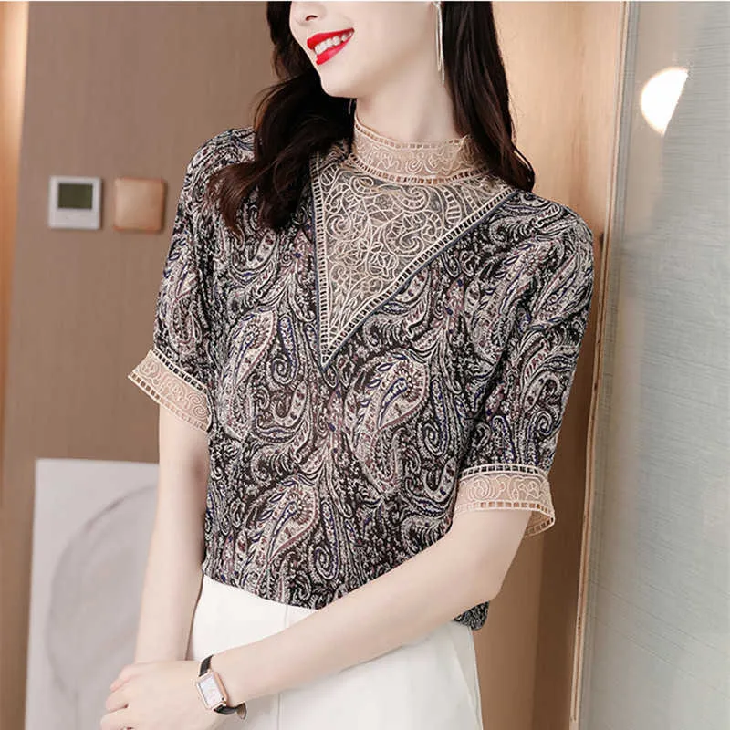 女性のための韓国の女性のシャツのシルクブラウスショートビンテージの女性トップスタンドネックデザインと色のブラウス女性基本210604