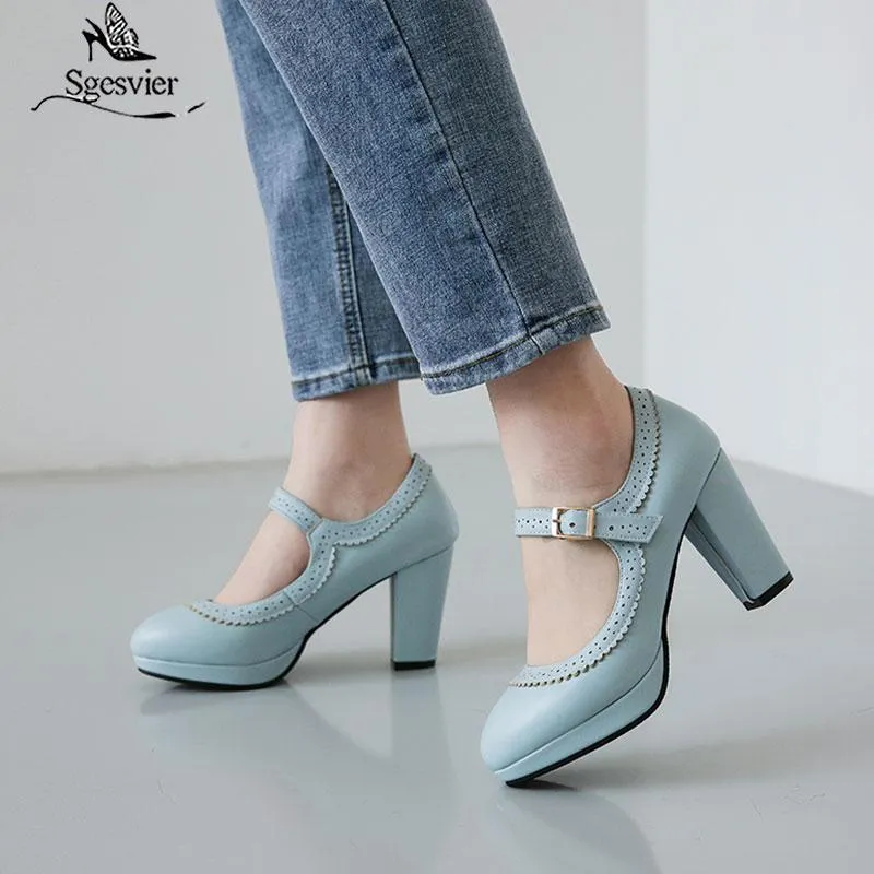 Dress Shoes Sgesvier 2021 Cute Ruffles Black Pink Party Mary Jane Office Woman High Heel Womens Pumps Block Heels Blue