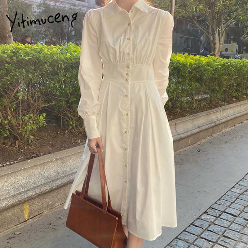 Yitimuceng White Dresses for Women Ruched Button Up Korean Fashion Simple Elegant Midi Dress Långärmad Vår Sommar 210601