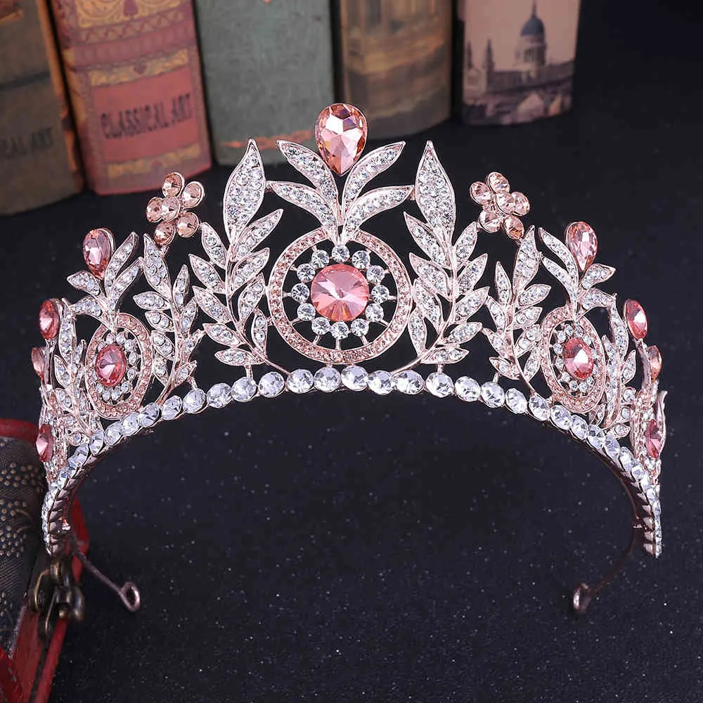 KMVEXO Baroque Leaf Rose Pink Crystal Princess Bridal Crowns For Women Flowers Noble Big Tiaras Wedding Jewelry Hair Accessories