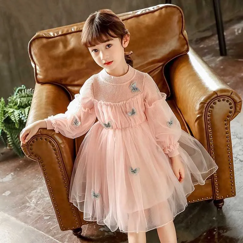 Autumn Winter Girls Long Sleeve Dress New Arrival Kids Cute Butterfly Ball Gown Child A-line Princess Dress Girl Casual Clothing Q0716