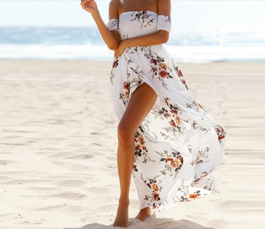 Femmes en mousseline de soie robe fendue épaules dénudées à manches courtes été robes mi-longues fleur imprimé vêtements de plage grande taille S-5XL