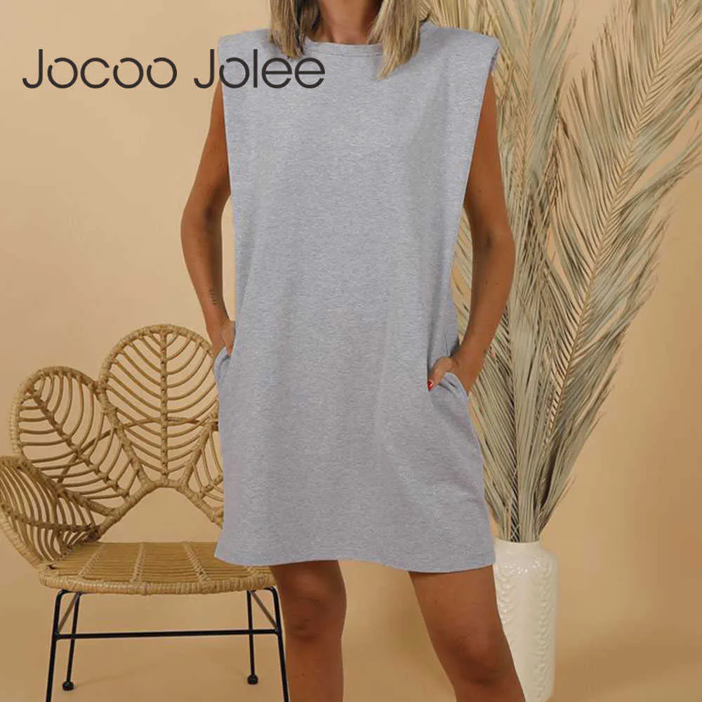 Jocoo Jolee Casual Shoulder Pad Sleeveless O Neck T Shirt Dress Fashion Solid Pocket Mini Dress Women Summer Travel Loose Dress 210619